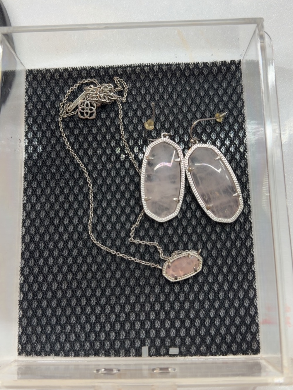 Rose Quartz Pendant Necklace and Dangle Earrings - Silver Tone